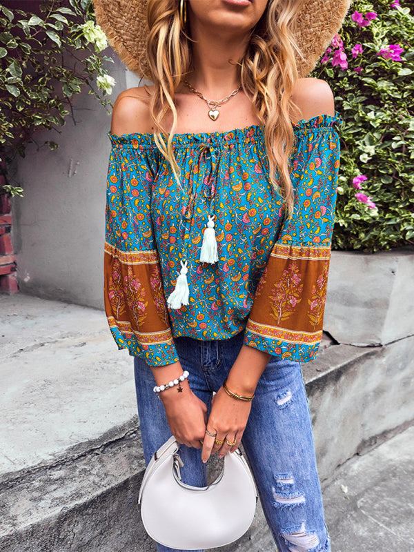 Blue Zone Planet | Bohemian Print Loose Off Shoulder Shirt BLUE ZONE PLANET