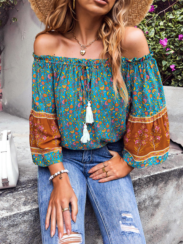Blue Zone Planet | Bohemian Print Loose Off Shoulder Shirt BLUE ZONE PLANET