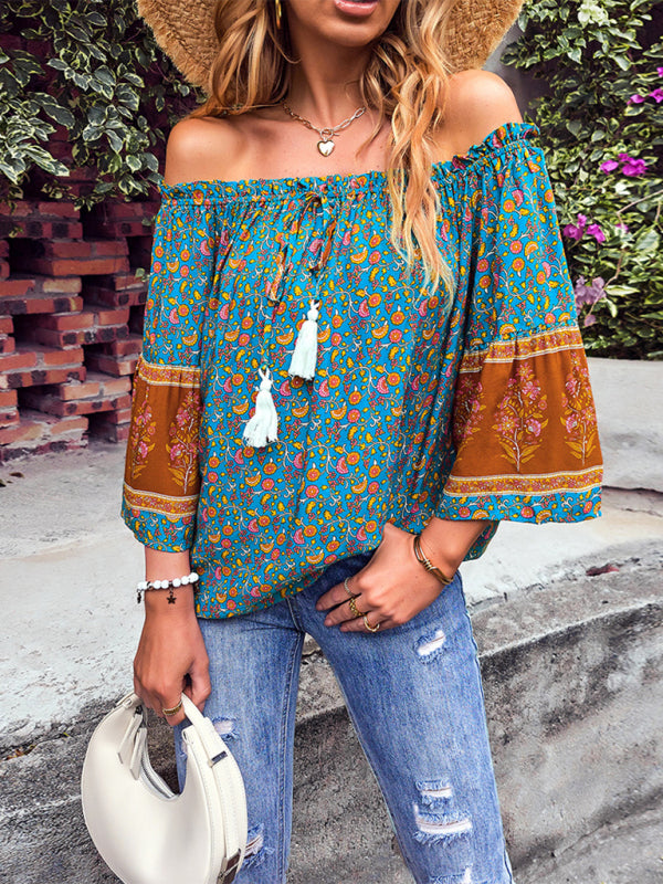 Blue Zone Planet | Bohemian Print Loose Off Shoulder Shirt BLUE ZONE PLANET