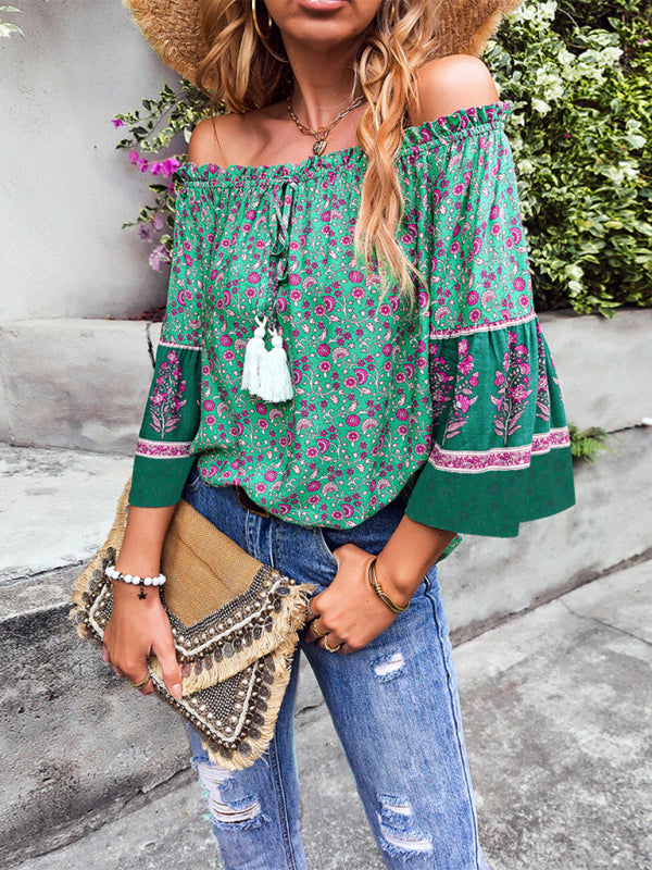 Blue Zone Planet | Bohemian Print Loose Off Shoulder Shirt BLUE ZONE PLANET
