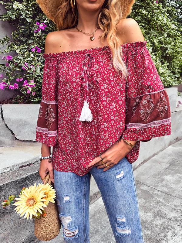 Blue Zone Planet | Bohemian Print Loose Off Shoulder Shirt BLUE ZONE PLANET