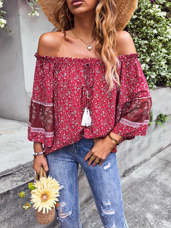 Blue Zone Planet | Bohemian Print Loose Off Shoulder Shirt BLUE ZONE PLANET