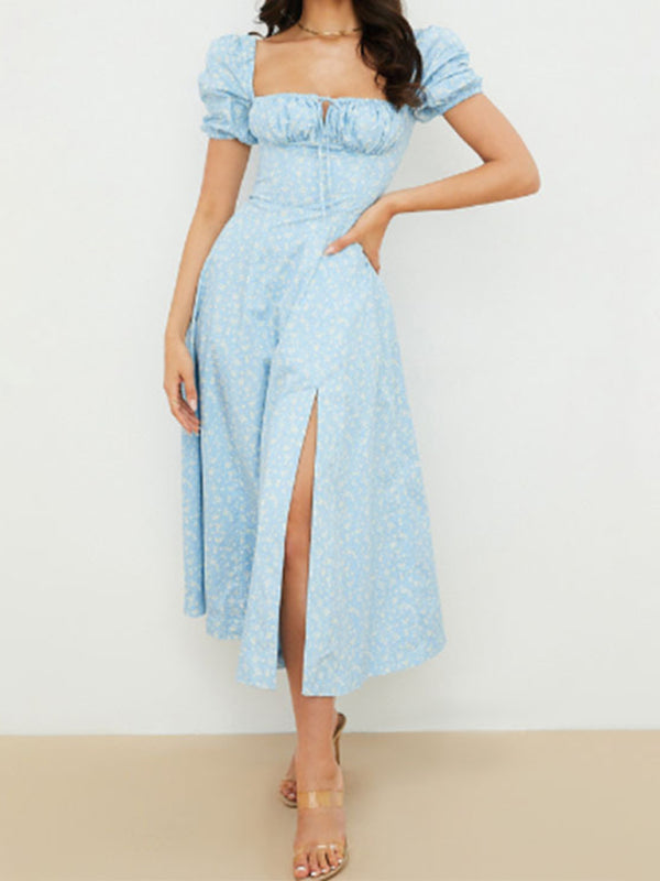 Blue Zone Planet | Square Neck Tie Puff Sleeve Floral Dress BLUE ZONE PLANET