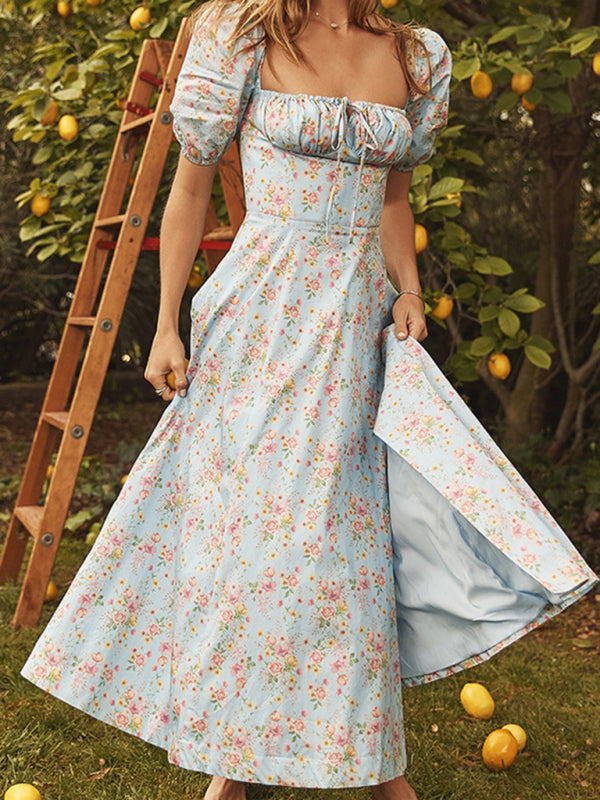 Blue Zone Planet | Square Neck Tie Puff Sleeve Floral Dress BLUE ZONE PLANET