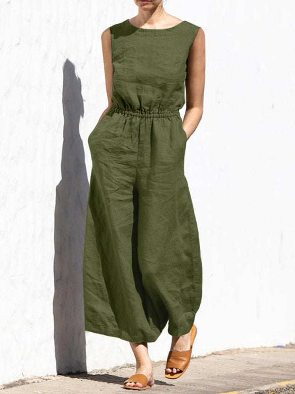 Solid color high waist sleeveless trousers fashion loose-fitting jumpsuit BLUE ZONE PLANET