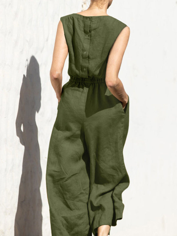 Solid color high waist sleeveless trousers fashion loose-fitting jumpsuit BLUE ZONE PLANET