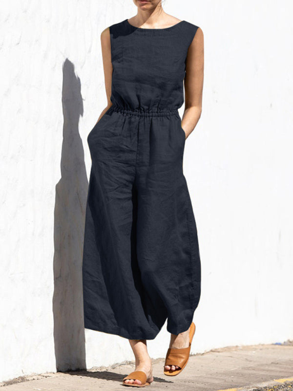 Solid color high waist sleeveless trousers fashion loose-fitting jumpsuit BLUE ZONE PLANET