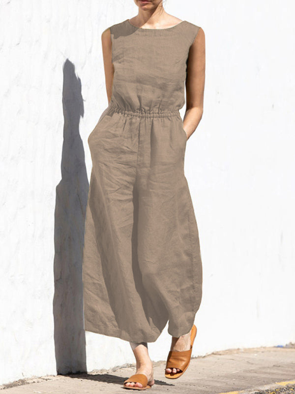 Solid color high waist sleeveless trousers fashion loose-fitting jumpsuit BLUE ZONE PLANET