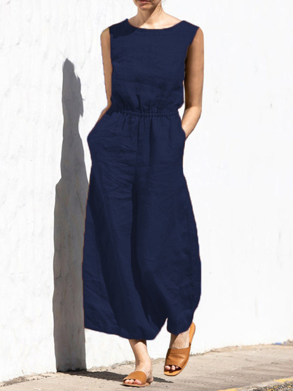 Solid color high waist sleeveless trousers fashion loose-fitting jumpsuit BLUE ZONE PLANET