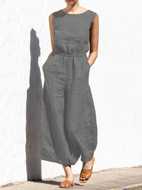 Solid color high waist sleeveless trousers fashion loose-fitting jumpsuit BLUE ZONE PLANET