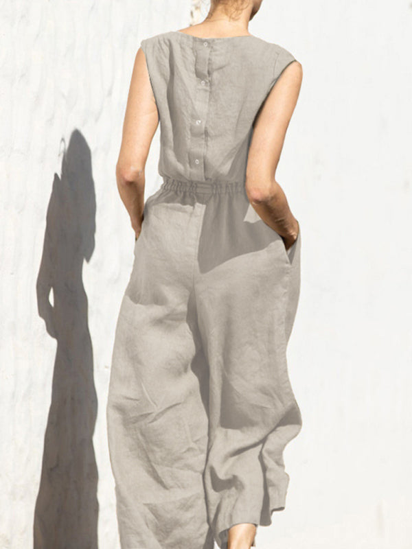 Solid color high waist sleeveless trousers fashion loose-fitting jumpsuit BLUE ZONE PLANET
