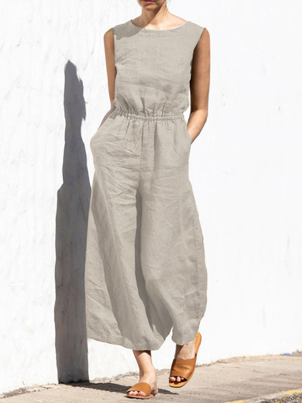 Solid color high waist sleeveless trousers fashion loose-fitting jumpsuit BLUE ZONE PLANET
