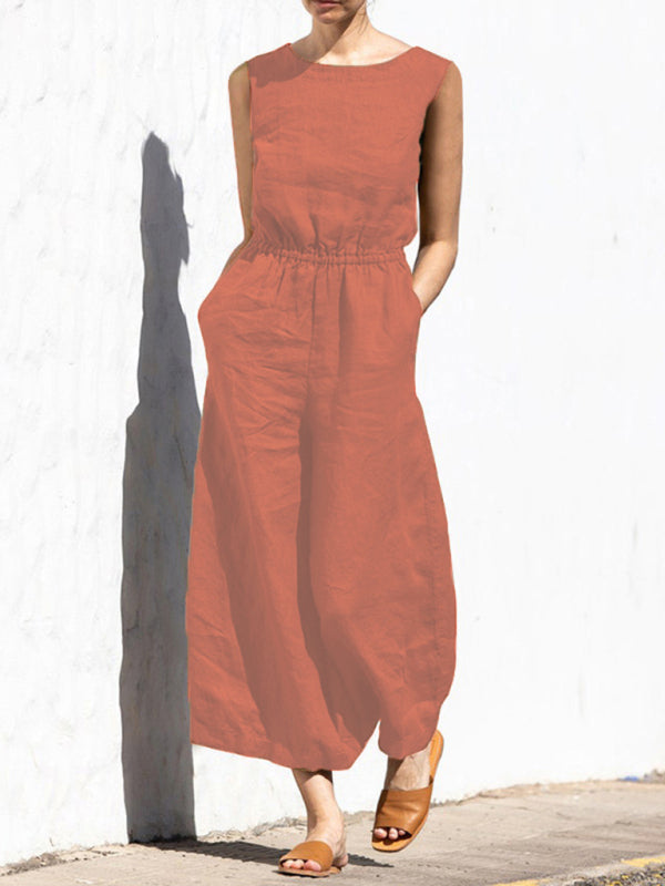 Solid color high waist sleeveless trousers fashion loose-fitting jumpsuit BLUE ZONE PLANET