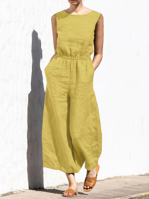 Solid color high waist sleeveless trousers fashion loose-fitting jumpsuit BLUE ZONE PLANET