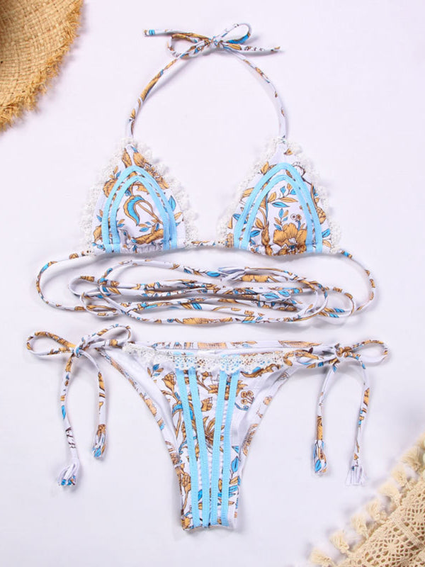 Ribbon Panel Lace Ties Printed Bikini BLUE ZONE PLANET