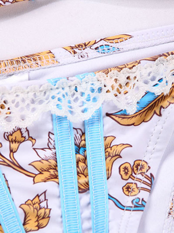 Ribbon Panel Lace Ties Printed Bikini BLUE ZONE PLANET