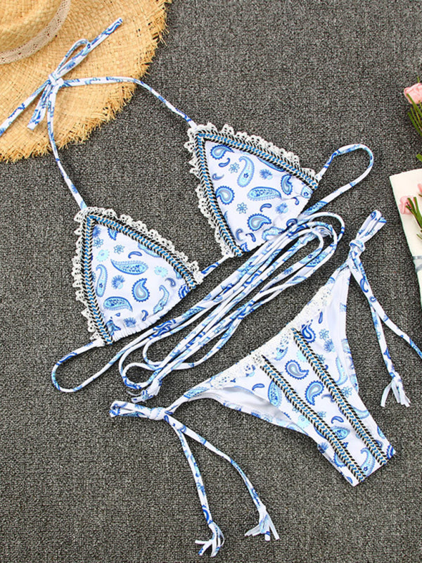 Blue Zone Planet |  Sexy Ribbon Panel Lace Ties Printed Bikini kakaclo