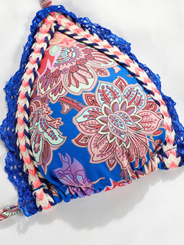 Blue Zone Planet | Sexy Ribbon Panel Lace Ties Printed Bikini kakaclo