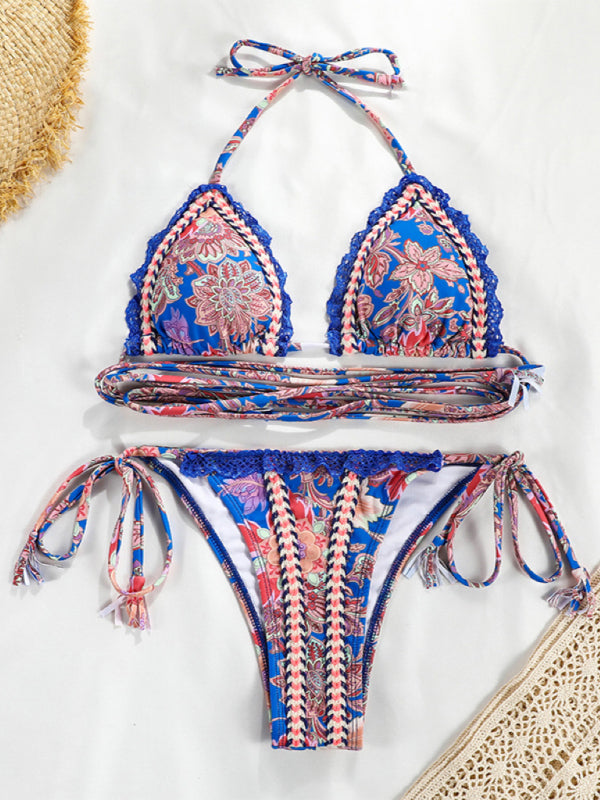Blue Zone Planet |  Sexy Ribbon Panel Lace Ties Printed Bikini kakaclo