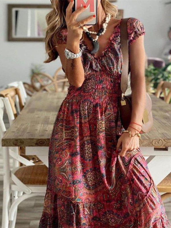 Bohemian style one-piece long dress waist floral print large swing dress kakaclo
