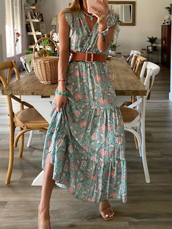 Spring and summer fashion high-end printed skirt V-neck dress kakaclo