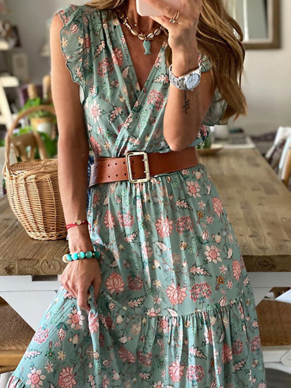 Spring and summer fashion high-end printed skirt V-neck dress kakaclo