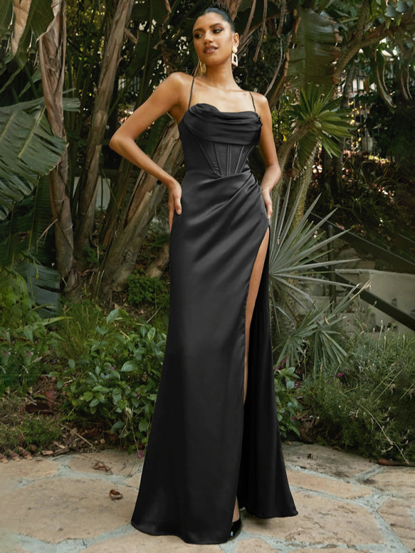 Sexy Sleeveless Strap Chest Pleated Gown Dress BLUE ZONE PLANET