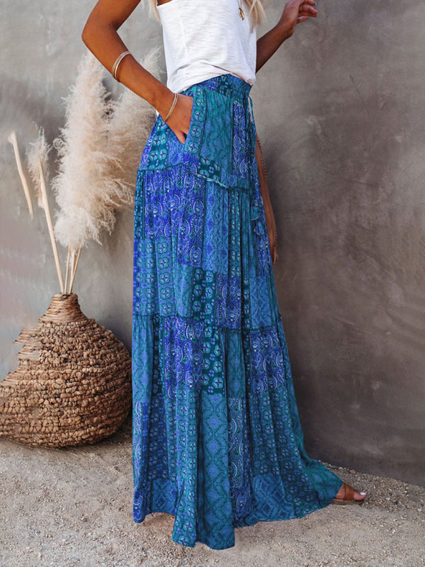 Blue Zone Planet | New Bohemian style skirt European and American loose casual high waist long skirt BLUE ZONE PLANET