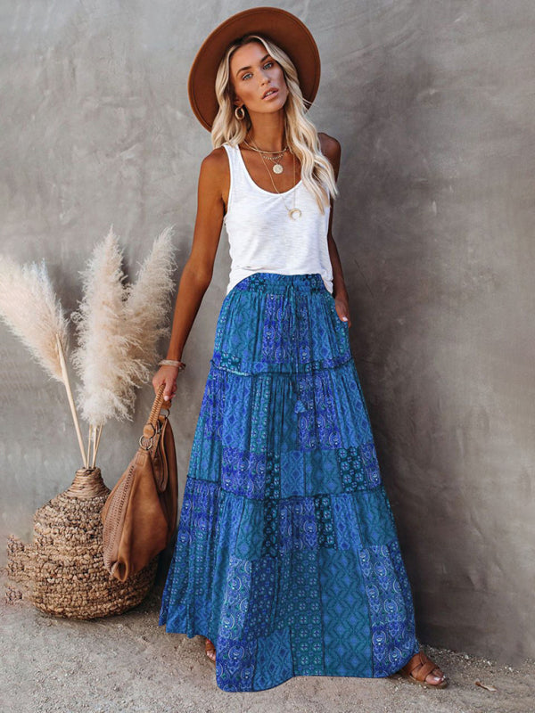 Blue Zone Planet | New Bohemian style skirt European and American loose casual high waist long skirt BLUE ZONE PLANET