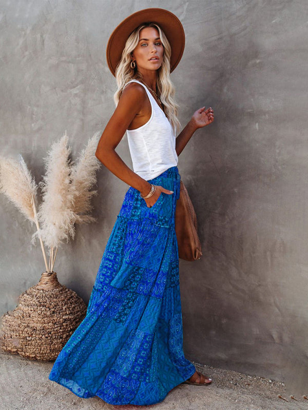 Blue Zone Planet | New Bohemian style skirt European and American loose casual high waist long skirt BLUE ZONE PLANET