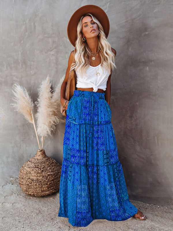 Blue Zone Planet | New Bohemian style skirt European and American loose casual high waist long skirt BLUE ZONE PLANET