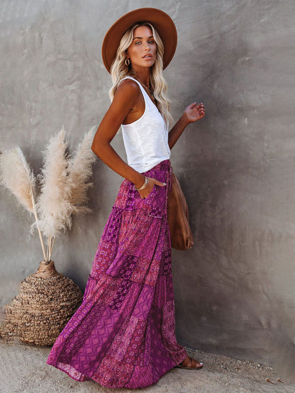 Blue Zone Planet | New Bohemian style skirt European and American loose casual high waist long skirt BLUE ZONE PLANET