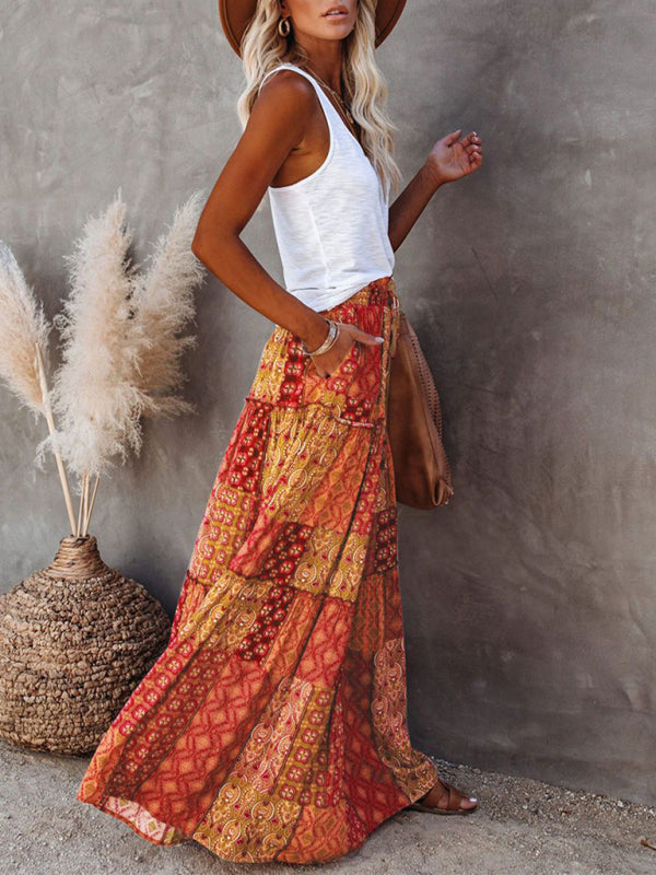 Blue Zone Planet | New Bohemian style skirt European and American loose casual high waist long skirt BLUE ZONE PLANET