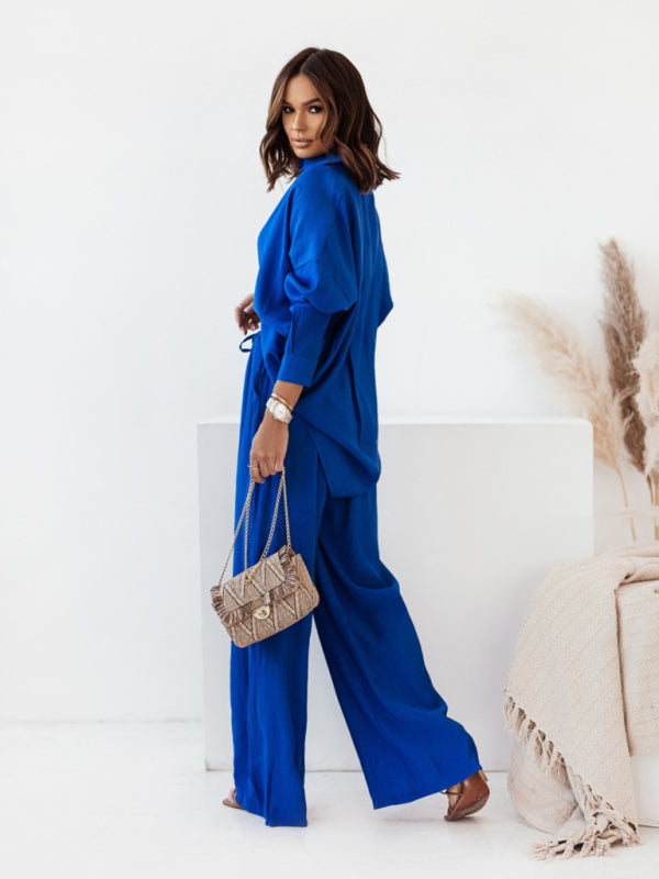 Blue Zone Planet |  loose solid color long-sleeved shirt trousers two-piece set BLUE ZONE PLANET
