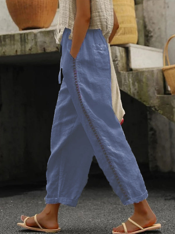 Solid Color Cotton Linen Pants Stitching Sweet Cropped Pants kakaclo