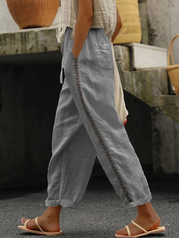 Solid Color Cotton Linen Pants Stitching Sweet Cropped Pants kakaclo