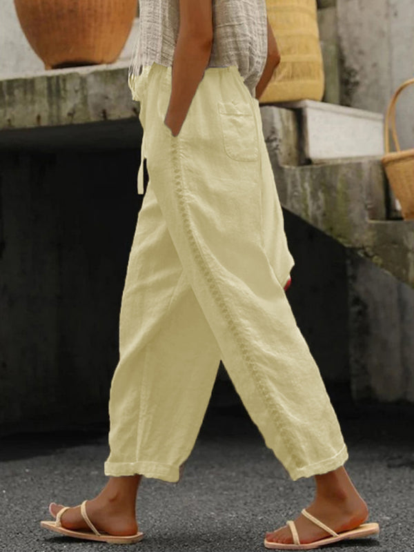 Solid Color Cotton Linen Pants Stitching Sweet Cropped Pants kakaclo