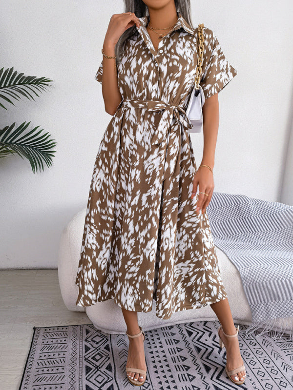 Women's Woven Loose Leopard Print Tie Short Sleeve Shirt Dress kakaclo