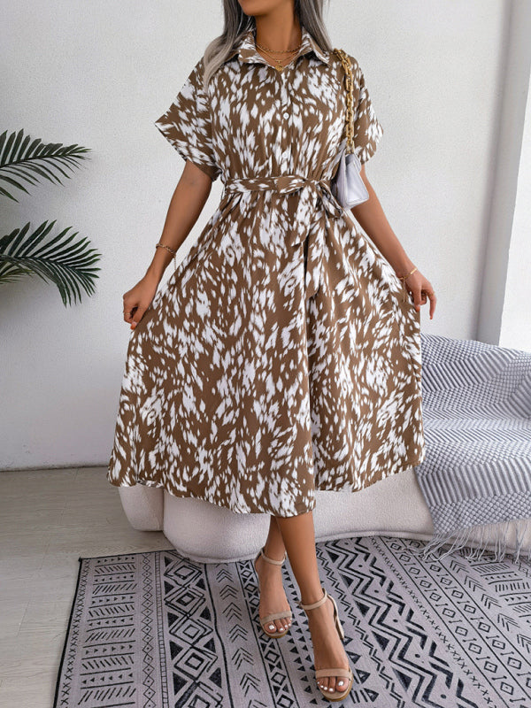 Women's Woven Loose Leopard Print Tie Short Sleeve Shirt Dress kakaclo