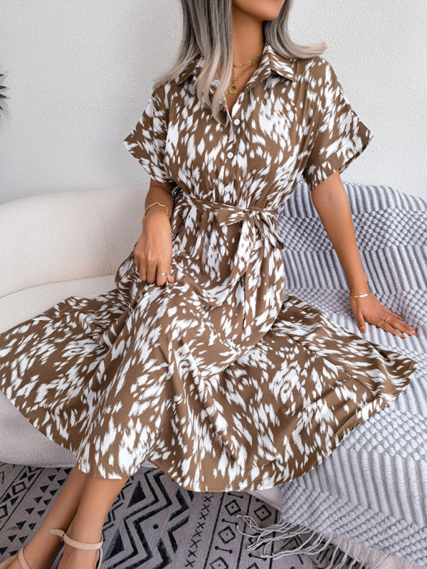 Women's Woven Loose Leopard Print Tie Short Sleeve Shirt Dress kakaclo