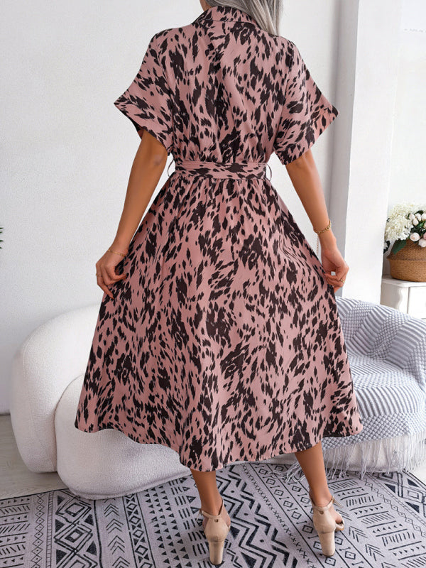 Women's Woven Loose Leopard Print Tie Short Sleeve Shirt Dress kakaclo