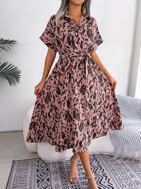 Women's Woven Loose Leopard Print Tie Short Sleeve Shirt Dress kakaclo