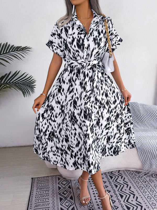 Women's Woven Loose Leopard Print Tie Short Sleeve Shirt Dress kakaclo