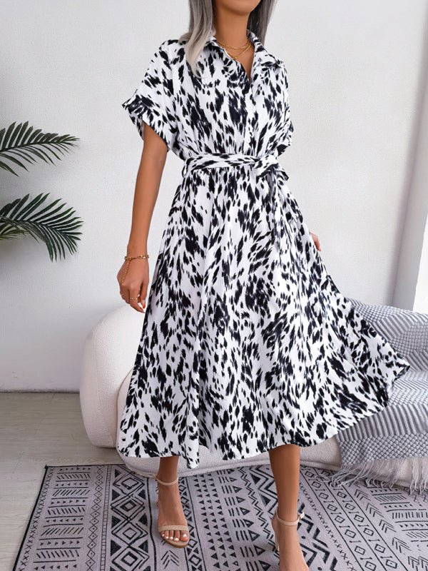 Women's Woven Loose Leopard Print Tie Short Sleeve Shirt Dress kakaclo