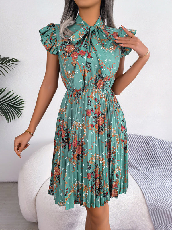 Blue Zone Planet | Sophia's Elegant Floral Print Tie Waist Swing Pleated A-Line Dress BLUE ZONE PLANET