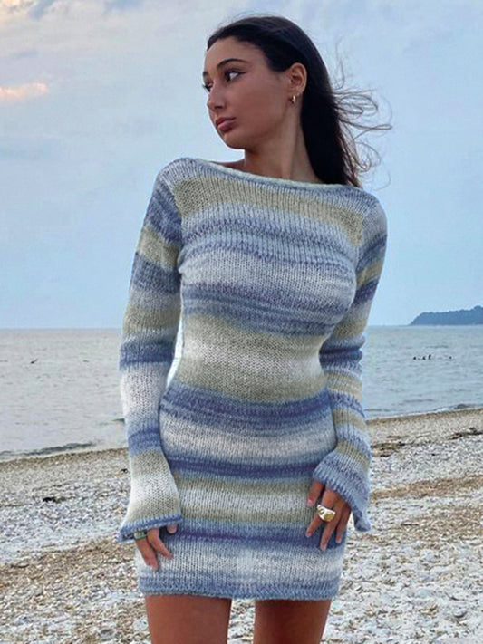 Blue Zone Planet |  New women's sexy open back bell sleeve striped sweater dress kakaclo
