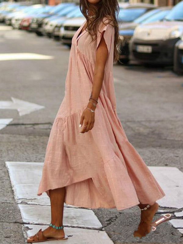 Blue Zone Planet | Women's Solid Color V-Neck Irregular Long Swing Dress BLUE ZONE PLANET