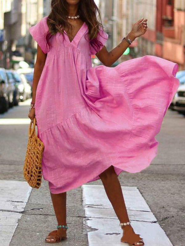 Blue Zone Planet | Women's Solid Color V-Neck Irregular Long Swing Dress BLUE ZONE PLANET