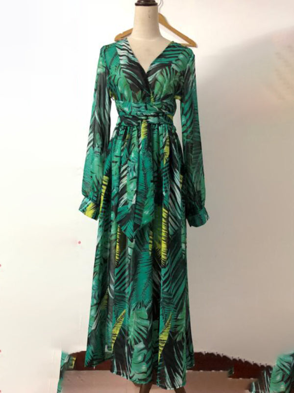 Lantern Sleeve V Neck Tie Leaf Print Swing Dress kakaclo
