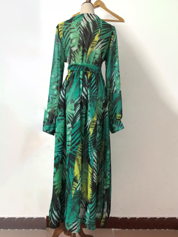 Lantern Sleeve V Neck Tie Leaf Print Swing Dress kakaclo